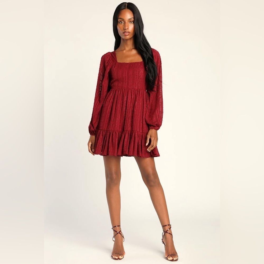 Only You and I Burgundy Long Sleeve Tie-Back Mini Skater Dress